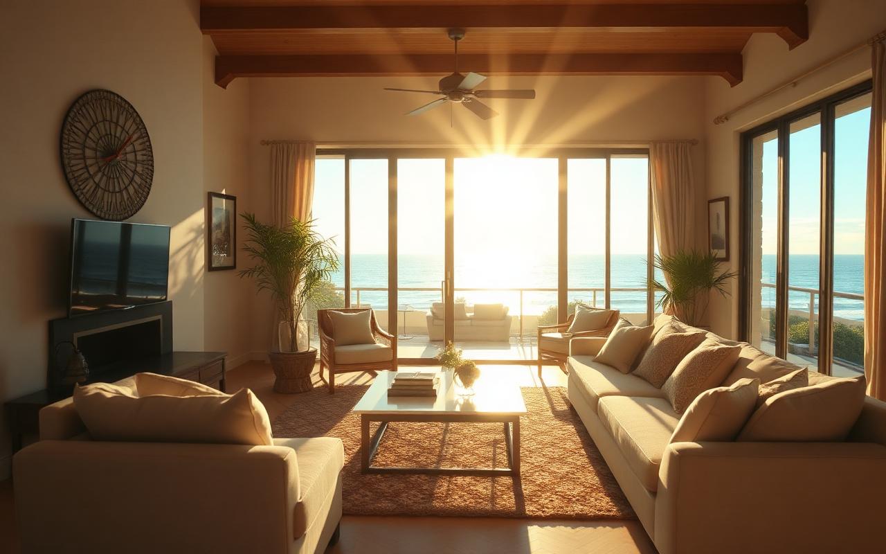 Cinematic property film frame of a bright coastal living room